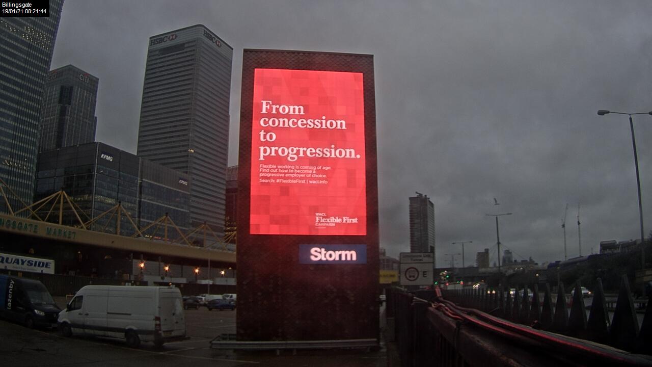 Billingsgate poster site in london showing WACL's Flexible First campaign. Headline describes flexible first and the future of work: "From Concession to Progression'. Body copy reads: Flexible working is coming of age. Find out how to become a progressive employer of choice. Search #FlexibleFirst staging-waclinfo-waclstaging.kinsta.cloud