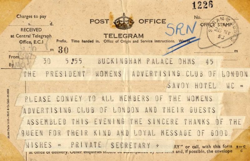 1953 telegram from Buckingham Palace thanking WACL for their 'kind and loyal message of good wishes' to the Queen and King