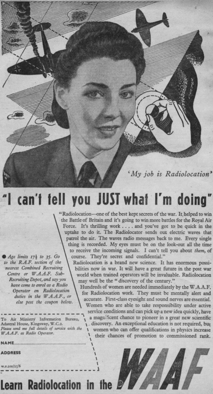 1941 press advert for women's wartime job with WAAF in radiolocation