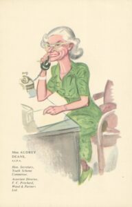 Audrey Dean caricature illustration, IPA archive at History of Advertising Trust
