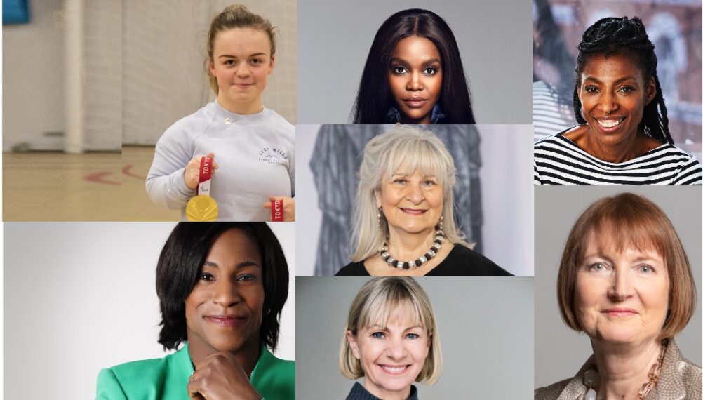 WACL 100 patrons Maisie Newton Summers, Oti Mabuse, Dame Sharon White, Harriet Harman MP, Kate Mosse OBE FRSA, Helena Kennedy QC, Maggie Alphonsi MBE