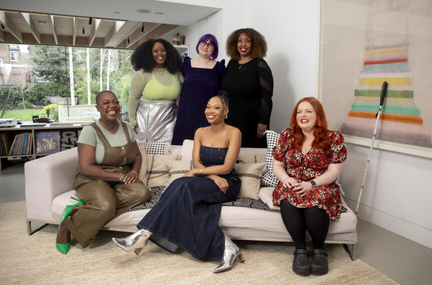 Creators Trina Nicole,Lucy Edwards, Ellen Jones, Jamelia Donaldson and WACL members Chloe Davies and Selma Nicholls, sit around a table having an animated discussion about representation in advertising as part of WACL's RepresentMe campaign